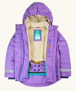 Opened Frugi kids snow and ski coat in purple showing a warm thick navy fleece inner with a name patch stitched inside. Features a full length zip with velcro fasteners. 