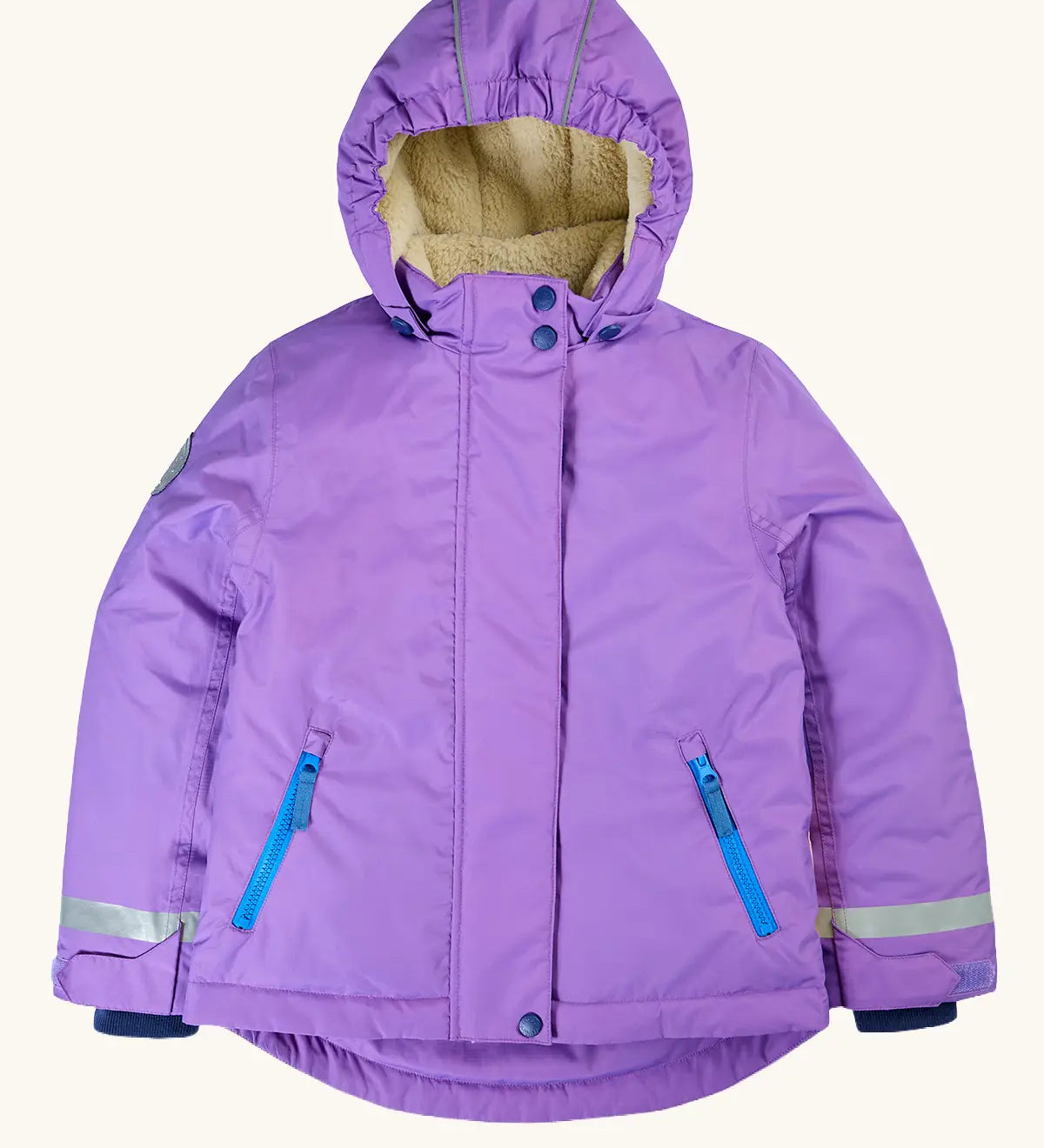 Front of Frugi kids hooded snow and ski coat in purple with a cream fleece inner liner and zipped pockets