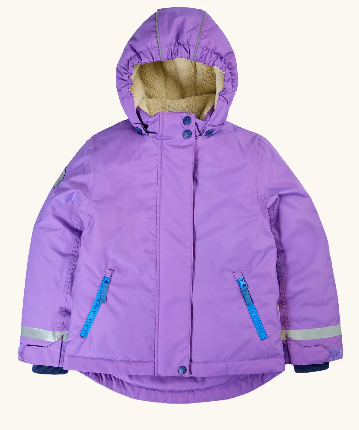 Front of Frugi kids hooded snow and ski coat in purple with a cream fleece inner liner and zipped pockets