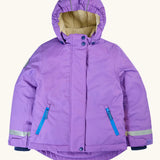 Front of Frugi kids hooded snow and ski coat in purple with a cream fleece inner liner and zipped pockets