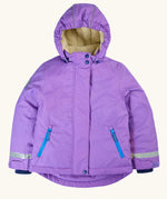 Front of Frugi kids hooded snow and ski coat in purple with a cream fleece inner liner and zipped pockets