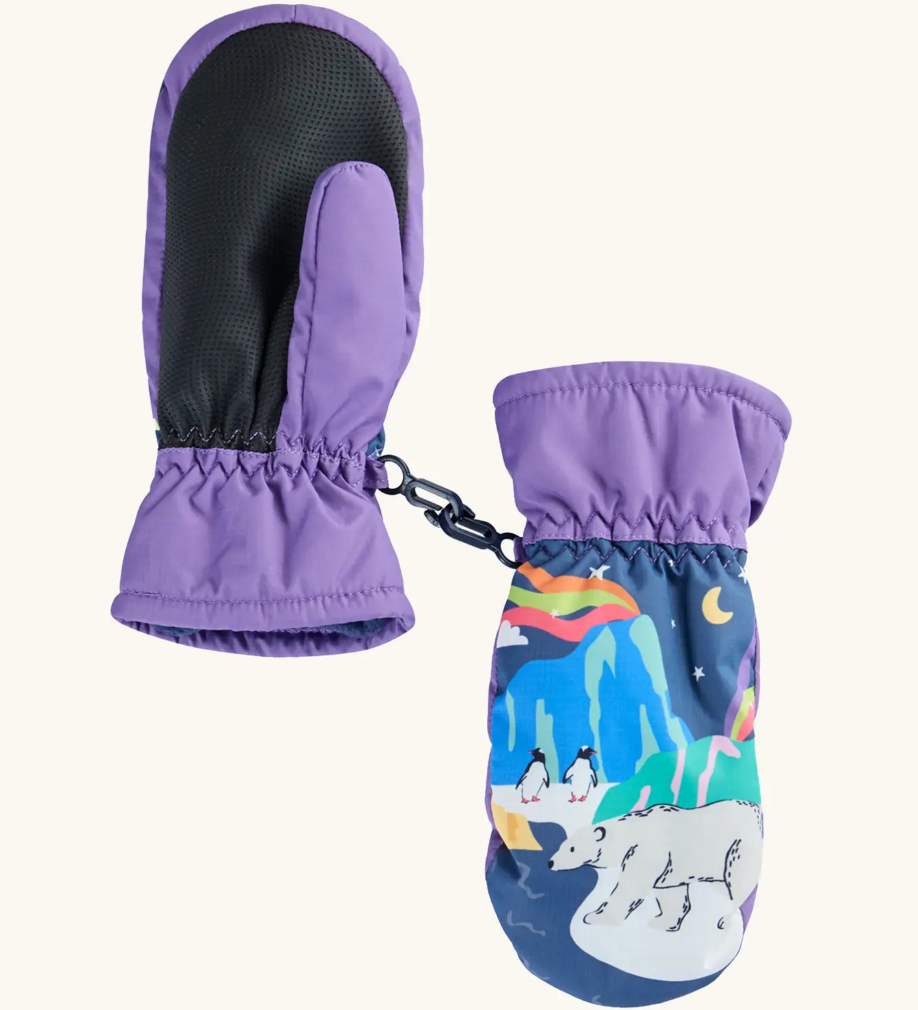 Frugi kids fig/snow scene snow mittens. Showing the grippy palm detail on purple recycled polyester fabric.