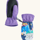 Frugi kids fig/snow scene snow mittens. Showing the grippy palm detail on purple recycled polyester fabric.