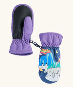 Frugi kids fig/snow scene snow mittens. Showing the grippy palm detail on purple recycled polyester fabric.