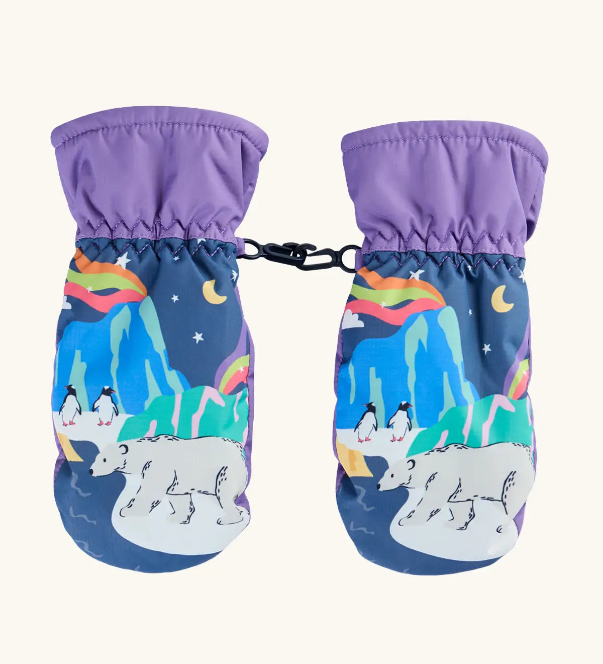 Frugi kids snow scene snow mittens. A pair of recycled polyester winter mittens   with a polar bear and penguin winter design. features a black clip on each mitten and purple cuff