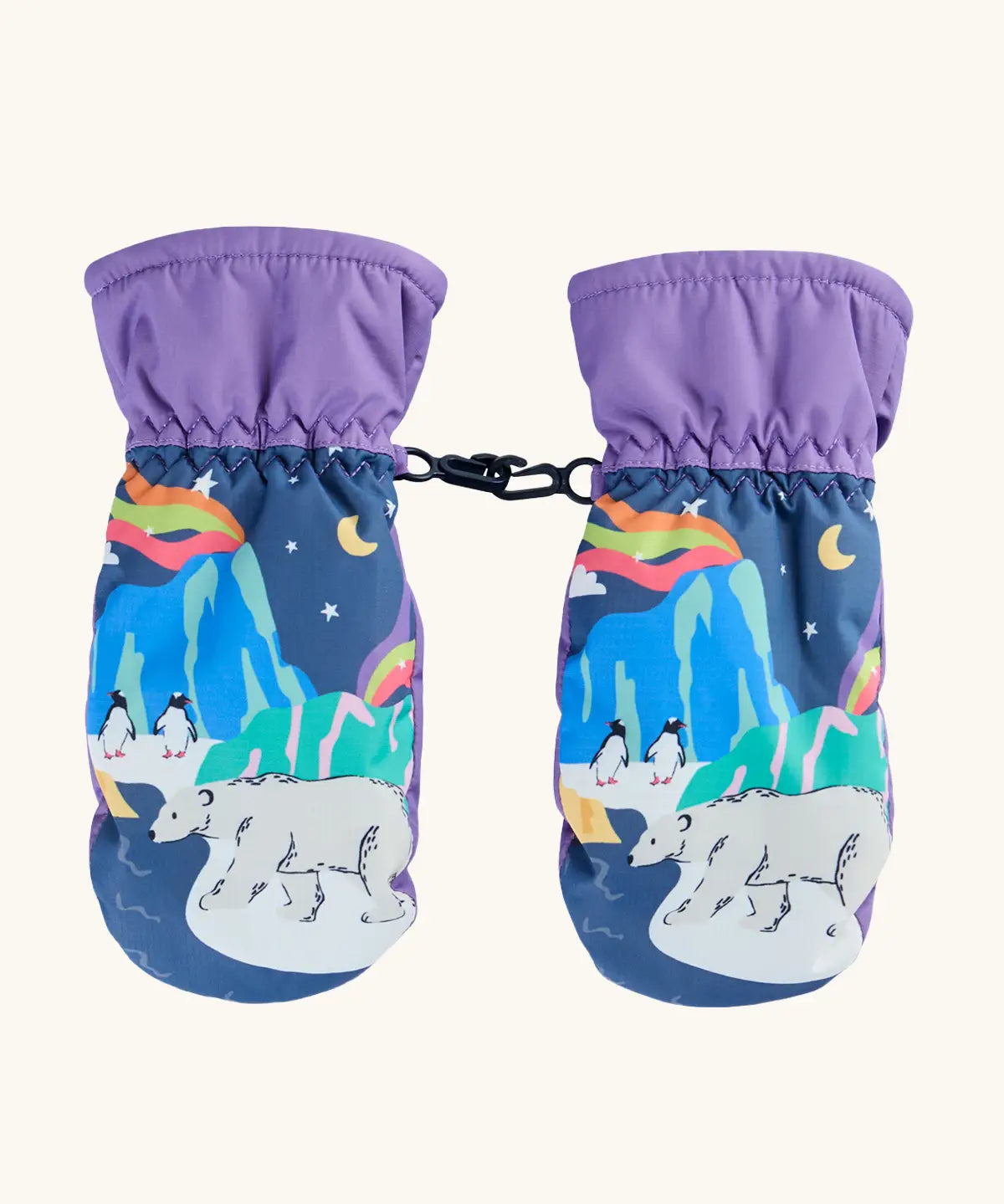 Frugi kids snow scene snow mittens. A pair of recycled polyester winter mittens   with a polar bear and penguin winter design. features a black clip on each mitten and purple cuff