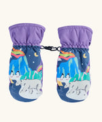 Frugi kids snow scene snow mittens. A pair of recycled polyester winter mittens   with a polar bear and penguin winter design. features a black clip on each mitten and purple cuff