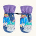 Frugi kids snow scene snow mittens. A pair of recycled polyester winter mittens   with a polar bear and penguin winter design. features a black clip on each mitten and purple cuff