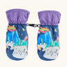 Frugi kids snow scene snow mittens. A pair of recycled polyester winter mittens   with a polar bear and penguin winter design. features a black clip on each mitten and purple cuff