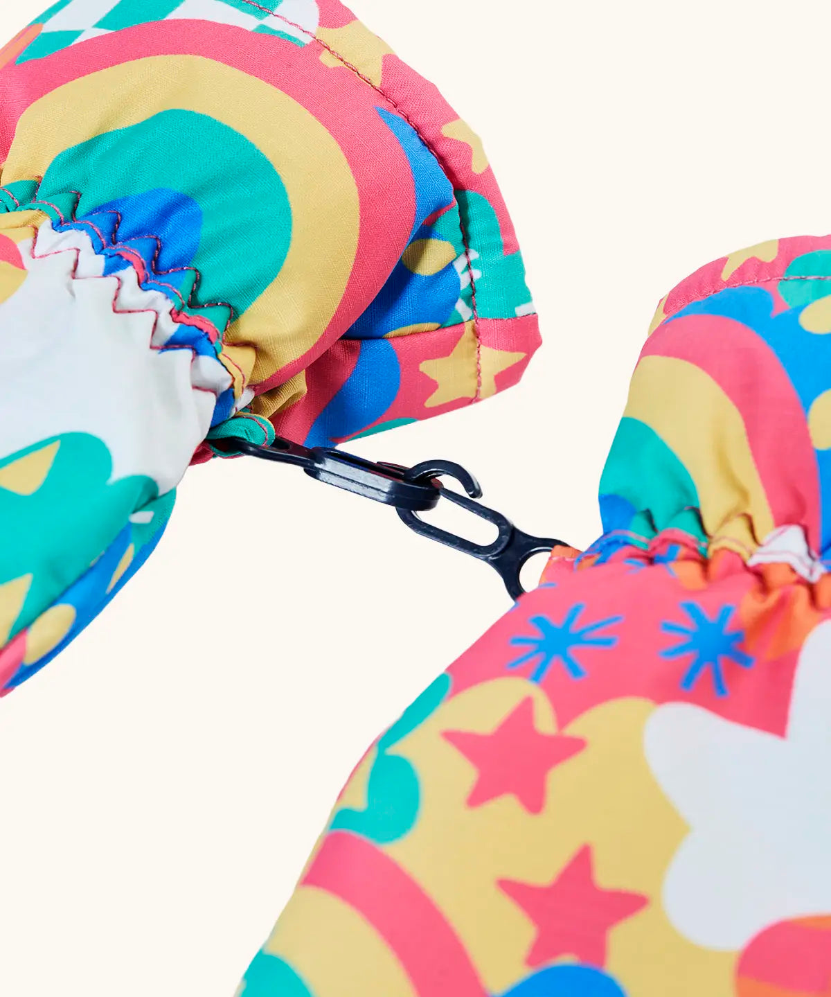 Frugi kids fun frenzy snow mittens. Showing close up of black clip holding both mittens together