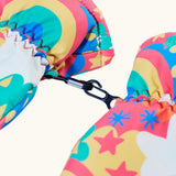 Frugi kids fun frenzy snow mittens. Showing close up of black clip holding both mittens together