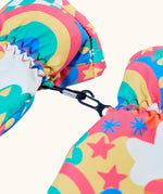 Frugi kids fun frenzy snow mittens. Showing close up of black clip holding both mittens together