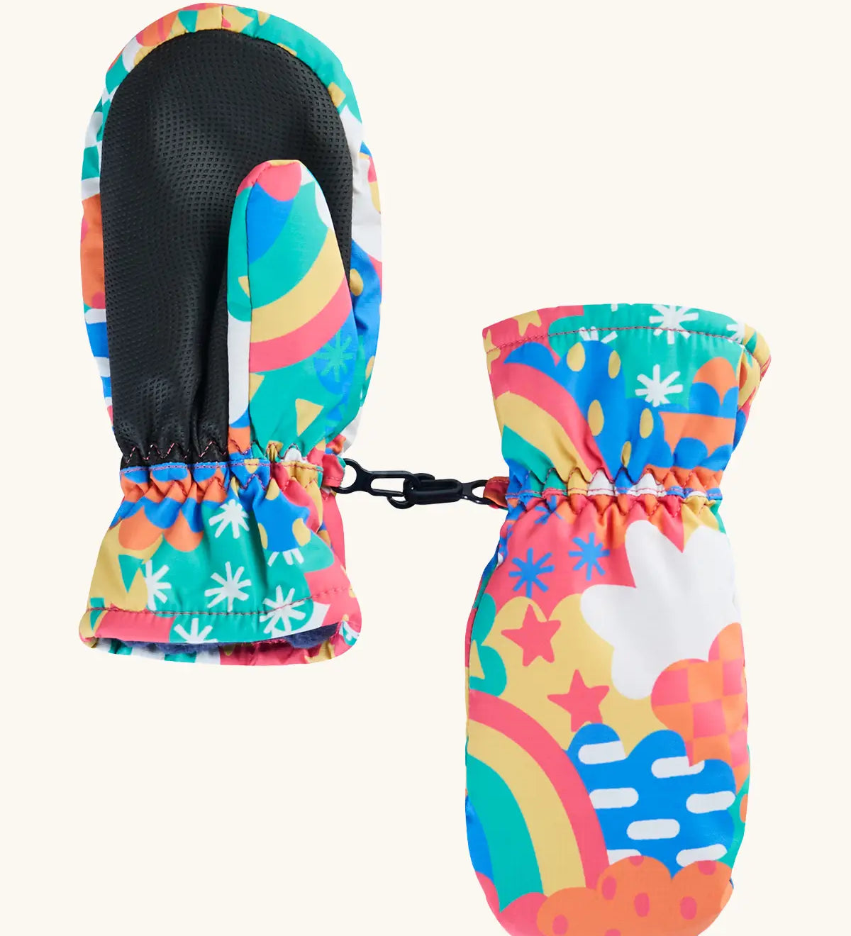 Frugi kids fun frenzy snow mittens. Showing the grippy palm detail on recycled polyester fabric.