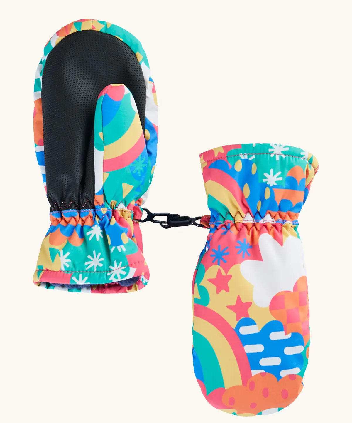 Frugi kids fun frenzy snow mittens. Showing the grippy palm detail on recycled polyester fabric.