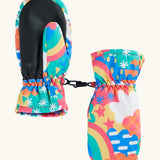 Frugi kids fun frenzy snow mittens. Showing the grippy palm detail on recycled polyester fabric.