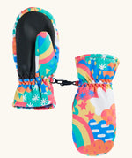 Frugi kids fun frenzy snow mittens. Showing the grippy palm detail on recycled polyester fabric.