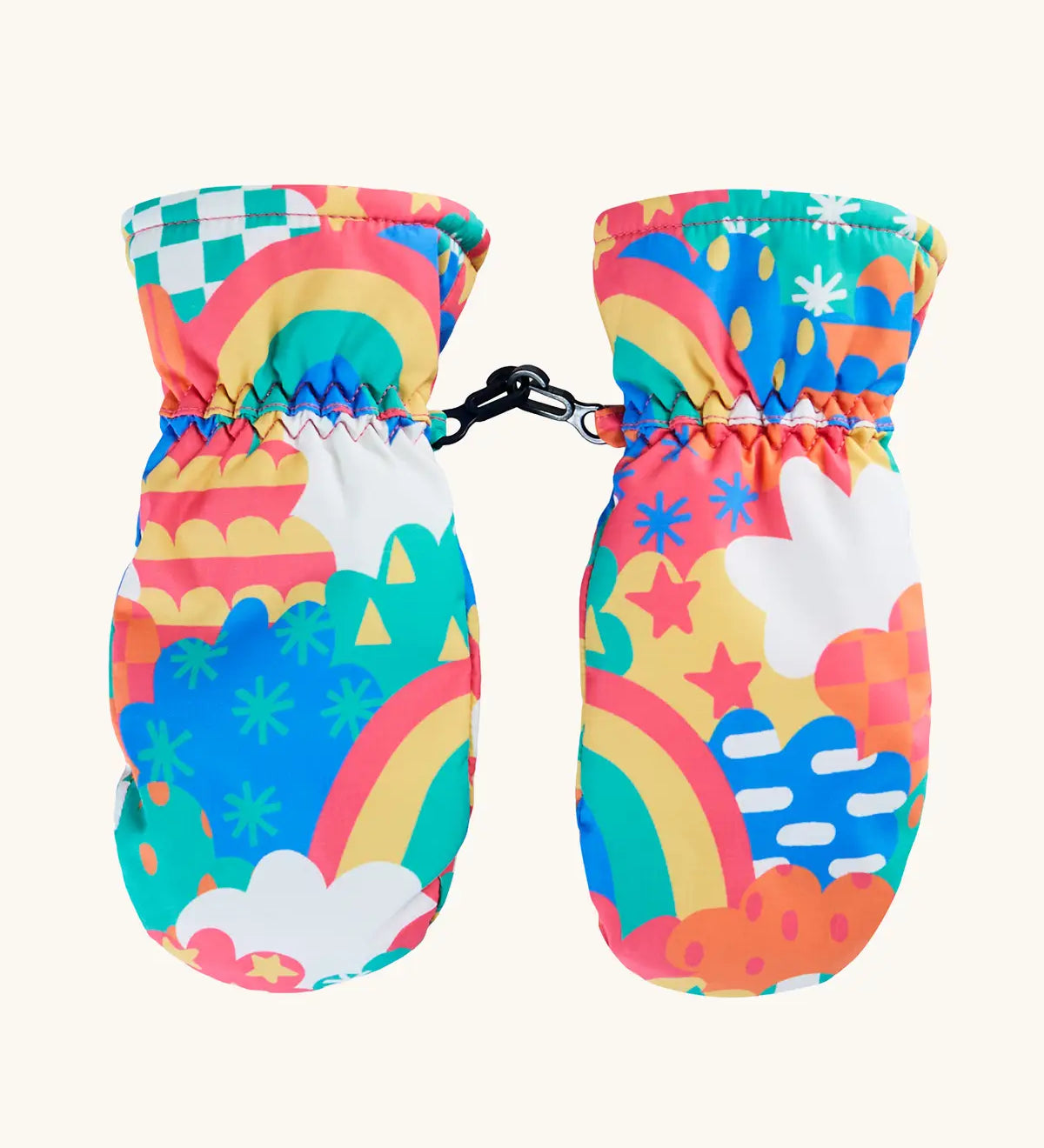 Frugi kids fun frenzy snow mittens. A pair of recycled polyester winter mittens  with a rainbow and repeating bright pattern design. features a black clip on each mitten 