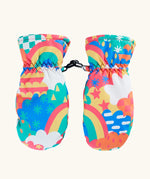 Frugi kids fun frenzy snow mittens. A pair of recycled polyester winter mittens  with a rainbow and repeating bright pattern design. features a black clip on each mitten 