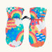 Frugi kids fun frenzy snow mittens. A pair of recycled polyester winter mittens  with a rainbow and repeating bright pattern design. features a black clip on each mitten 