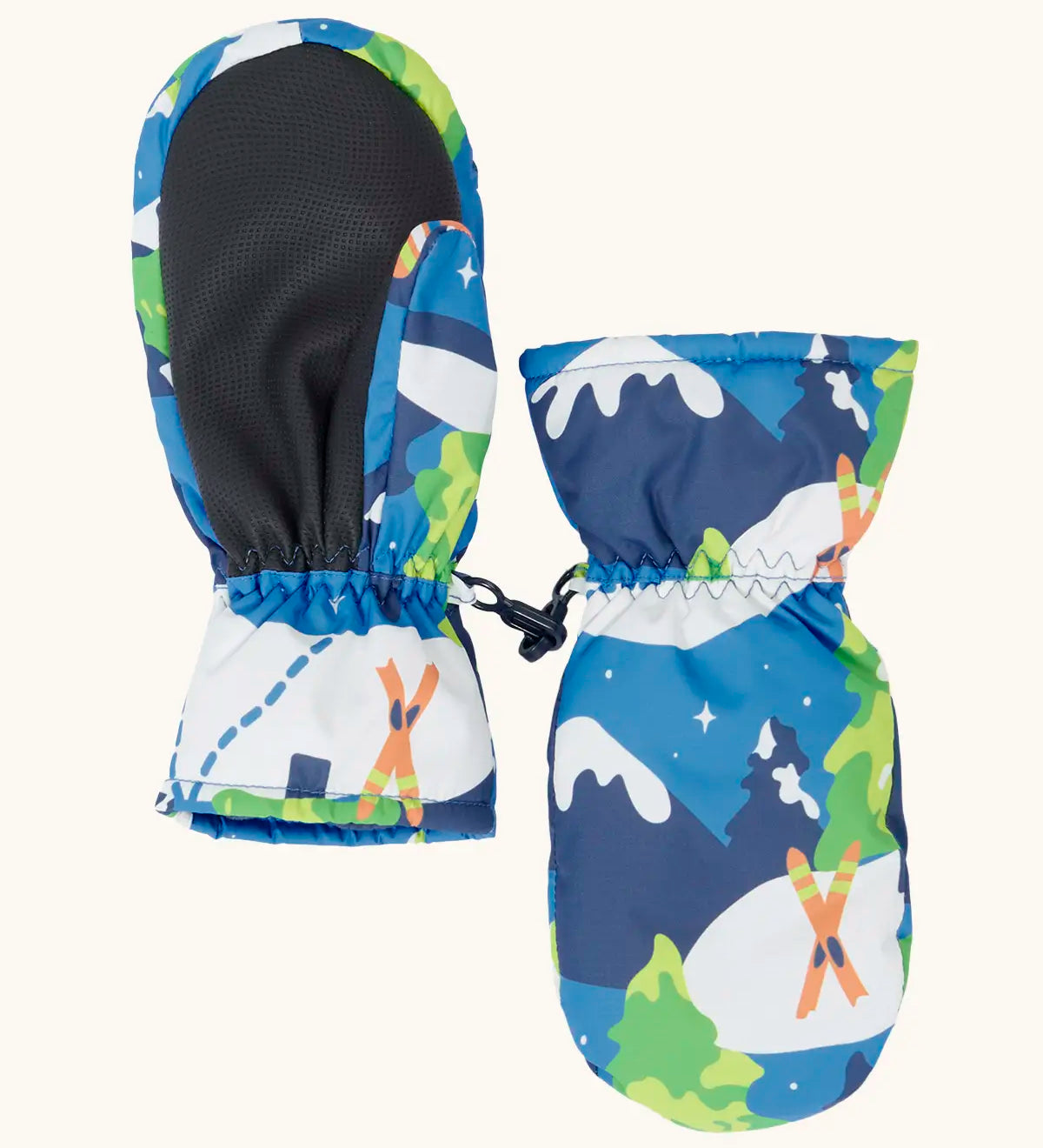 The back of the Frugi kids starry slopes snow mittens. Showing the grippy palm detail on recycled polyester fabric.
