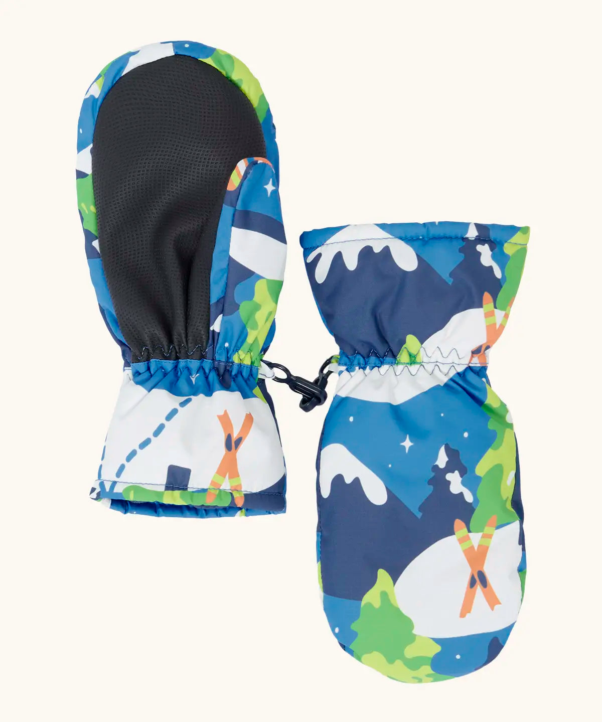 The back of the Frugi kids starry slopes snow mittens. Showing the grippy palm detail on recycled polyester fabric.