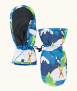 The back of the Frugi kids starry slopes snow mittens. Showing the grippy palm detail on recycled polyester fabric.
