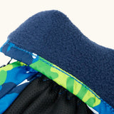 Frugi kids starry slopes snow mittens. Showing close up of navy fleece inner