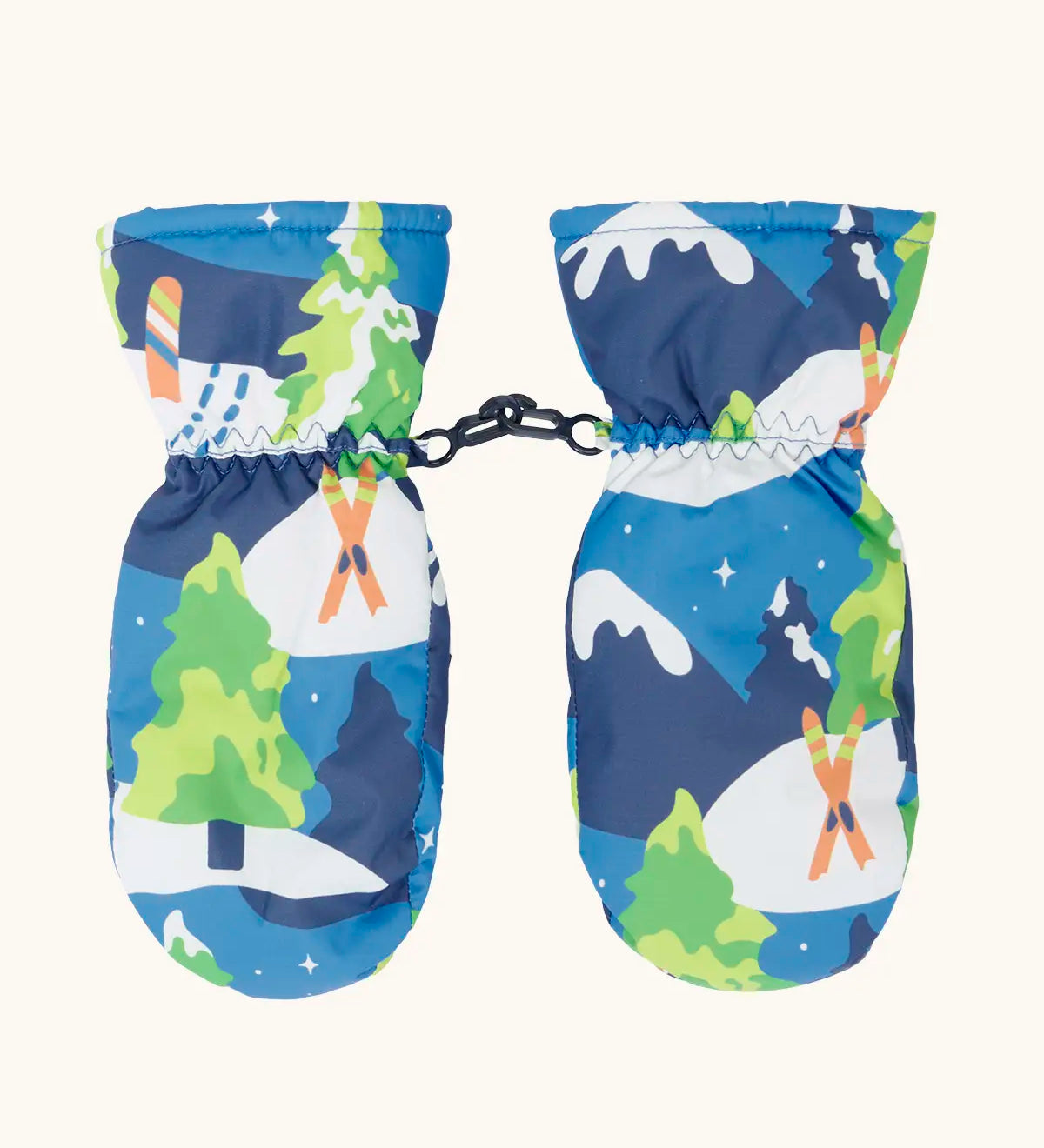 Frugi kids starry slopes snow mittens. A pair of recycled polyester winter mittens  with a winter ski design. features a black clip on each mitten 