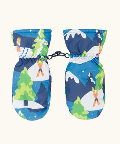 Frugi kids starry slopes snow mittens. A pair of recycled polyester winter mittens  with a winter ski design. features a black clip on each mitten 