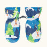 Frugi kids starry slopes snow mittens. A pair of recycled polyester winter mittens  with a winter ski design. features a black clip on each mitten 