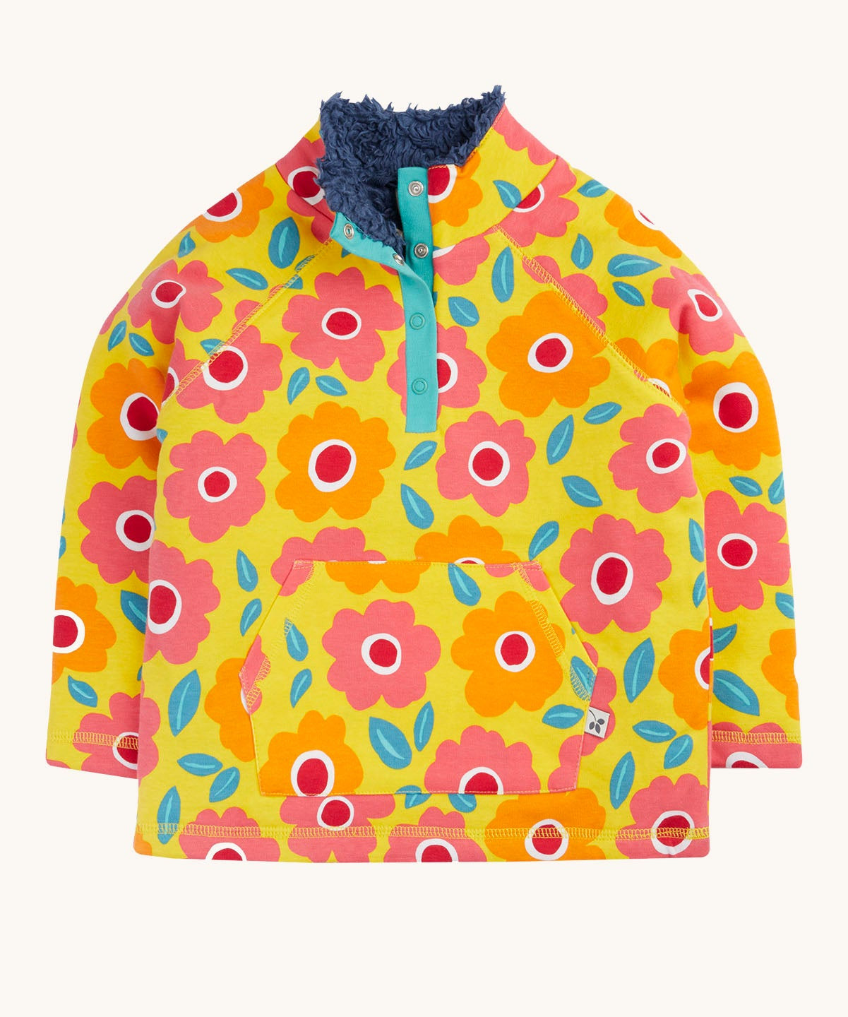 Frugi organic cotton fleece laid flat. In yellow with a navy fleece inner and a repeating floral print with a 1/4 length popper fastener