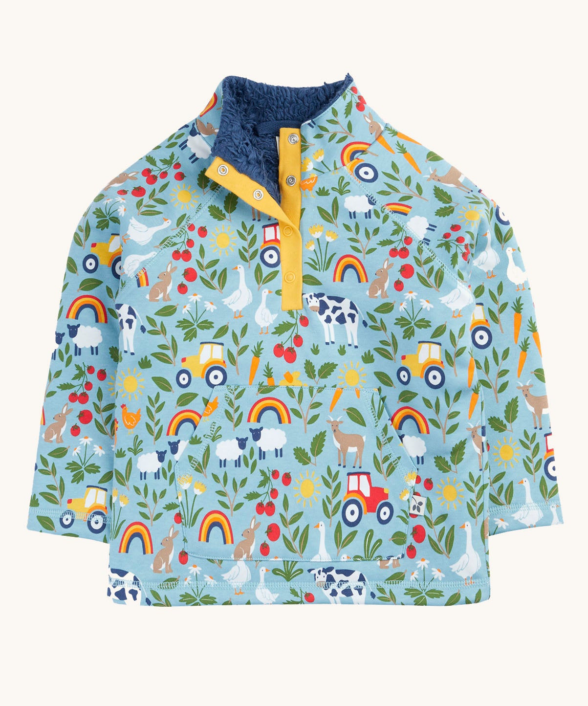 Frugi organic cotton fleece laid flat. In light blue with a repeating farm themes print. Features a dark blue fleece inner and popper fasteners 