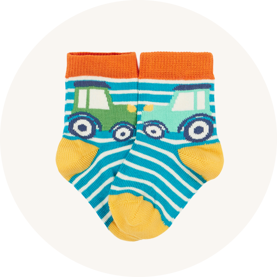 Frugi farm tractor socks in blue stripes  with yellow heels to represent Frugi tights and socks at Babipur.