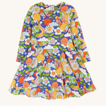 Frugi Sofia Skater Dress - Retro Happy. A colourful, twirly dress with long sleeves, in a fun retro print. The print has colourful planets, flowers, stars, clouds, rainbow swirls, bees and butterflies all over. 