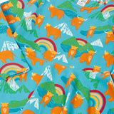 Frugi GOTS 100% organic cotton long sleeve skater dress with repeating highland cows and mountain prints laid flat 