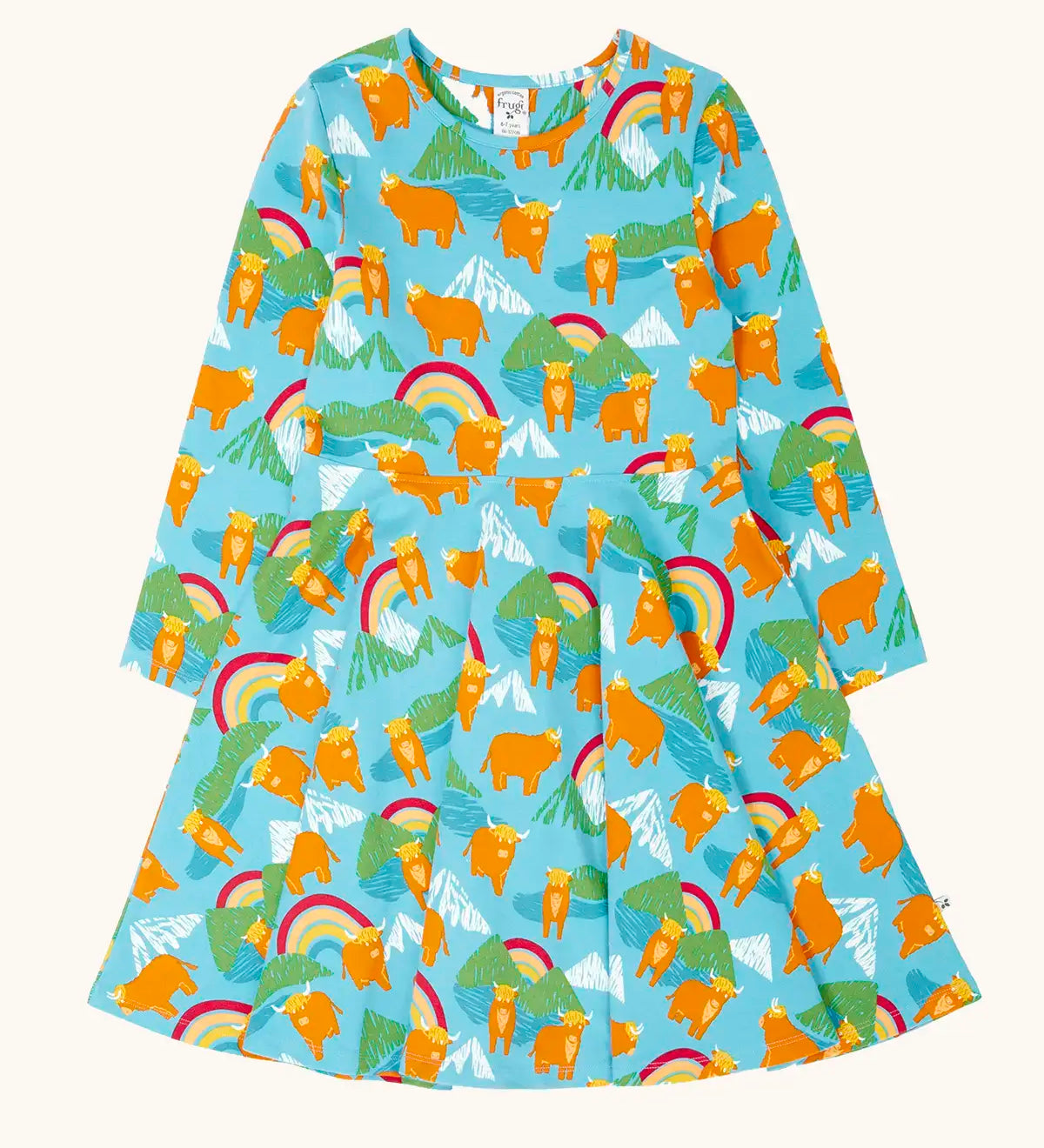 Frugi GOTS 100% organic cotton long sleeve skater dress in light blue with a repeating mountain peaks, rainbows and highland cow print