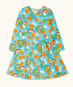 Frugi GOTS 100% organic cotton long sleeve skater dress in light blue with a repeating mountain peaks, rainbows and highland cow print