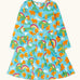 Frugi GOTS 100% organic cotton long sleeve skater dress in light blue with a repeating mountain peaks, rainbows and highland cow print