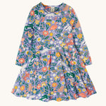 Frugi Sofia Skater Dress - Rainforest Friends. A soft, long sleeve, twirly skater dress in a soft lilac fabric, and colourful wildlife animal and plant print.
