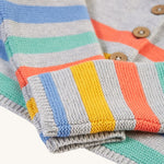 A closer look at the sleeves, and colourful stripes on the Frugi Bright As A Button Cardi - Grey Marl Stripe