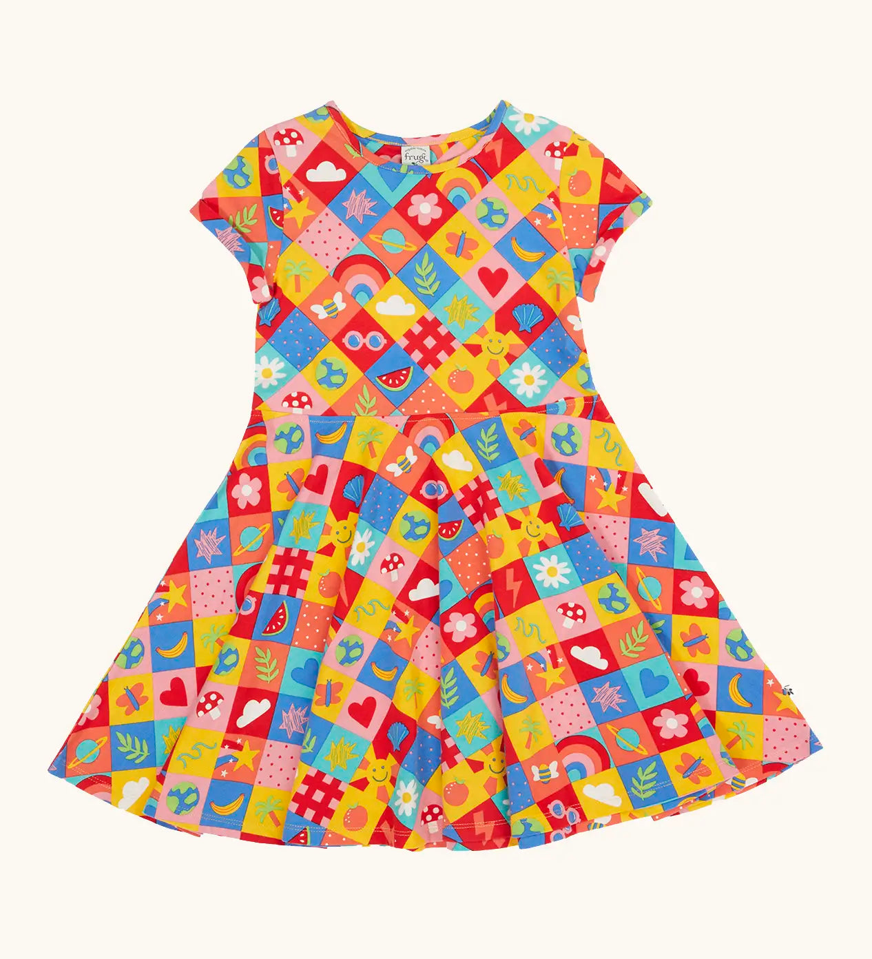 Frugi favourite things Spring skater dress. GOTS organic cotton short sleeved dress with a colourful repeating  Spring design