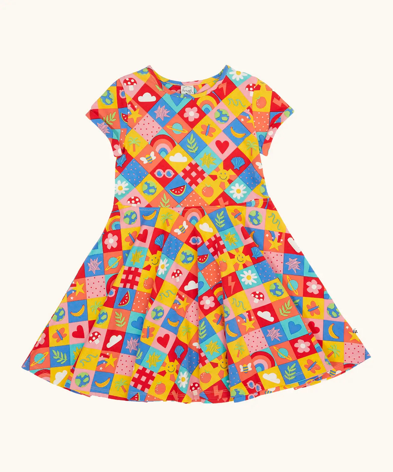 Frugi favourite things Spring skater dress. GOTS organic cotton short sleeved dress with a colourful repeating  Spring design