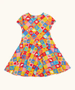 Frugi favourite things Spring skater dress. GOTS organic cotton short sleeved dress with a colourful repeating  Spring design