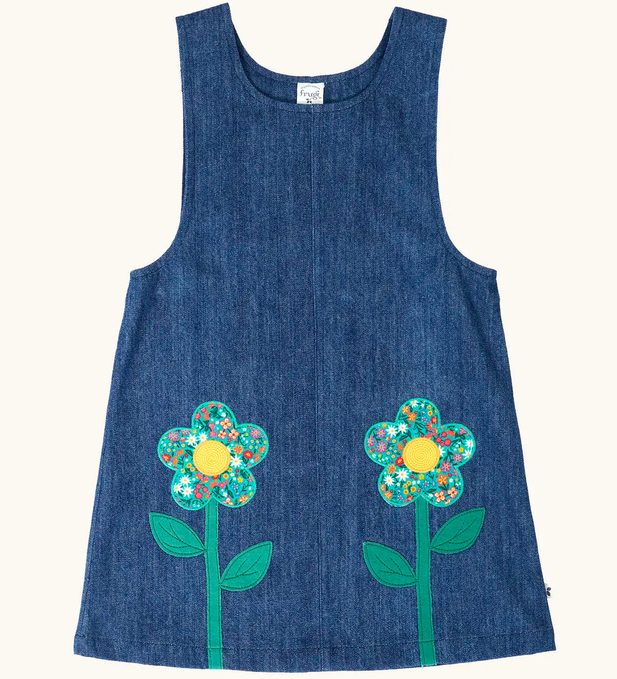 Frugi GOTS organic cotton mid wash denim kids pinafore dress with 2 flower appliques on the gather