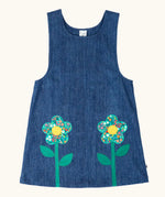 Frugi GOTS organic cotton mid wash denim kids pinafore dress with 2 flower appliques on the gather
