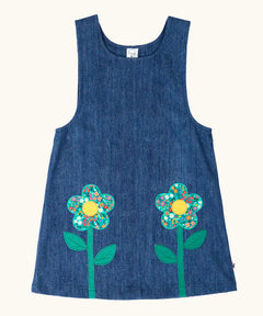 Frugi GOTS organic cotton mid wash denim kids pinafore dress with 2 flower appliques on the gather