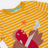 A close up of the Frugi Gold Rockin' Robin Summit Circular Organic Cotton Top available at Babipur showing the robin and star applique 