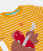 A close up of the Frugi Gold Rockin' Robin Summit Circular Organic Cotton Top available at Babipur showing the robin and star applique 