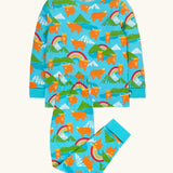 Frugi GOTS 100% organic cotton kids pyjamas including a light blue top with a repeating highland cow and mountain print and matching bottoms