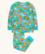 Frugi GOTS 100% organic cotton kids pyjamas including a light blue top with a repeating highland cow and mountain print and matching bottoms